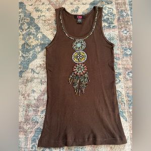 G-LISH BROWN RIBBED TANKTOP  W/ BEAD WORK DESIGN